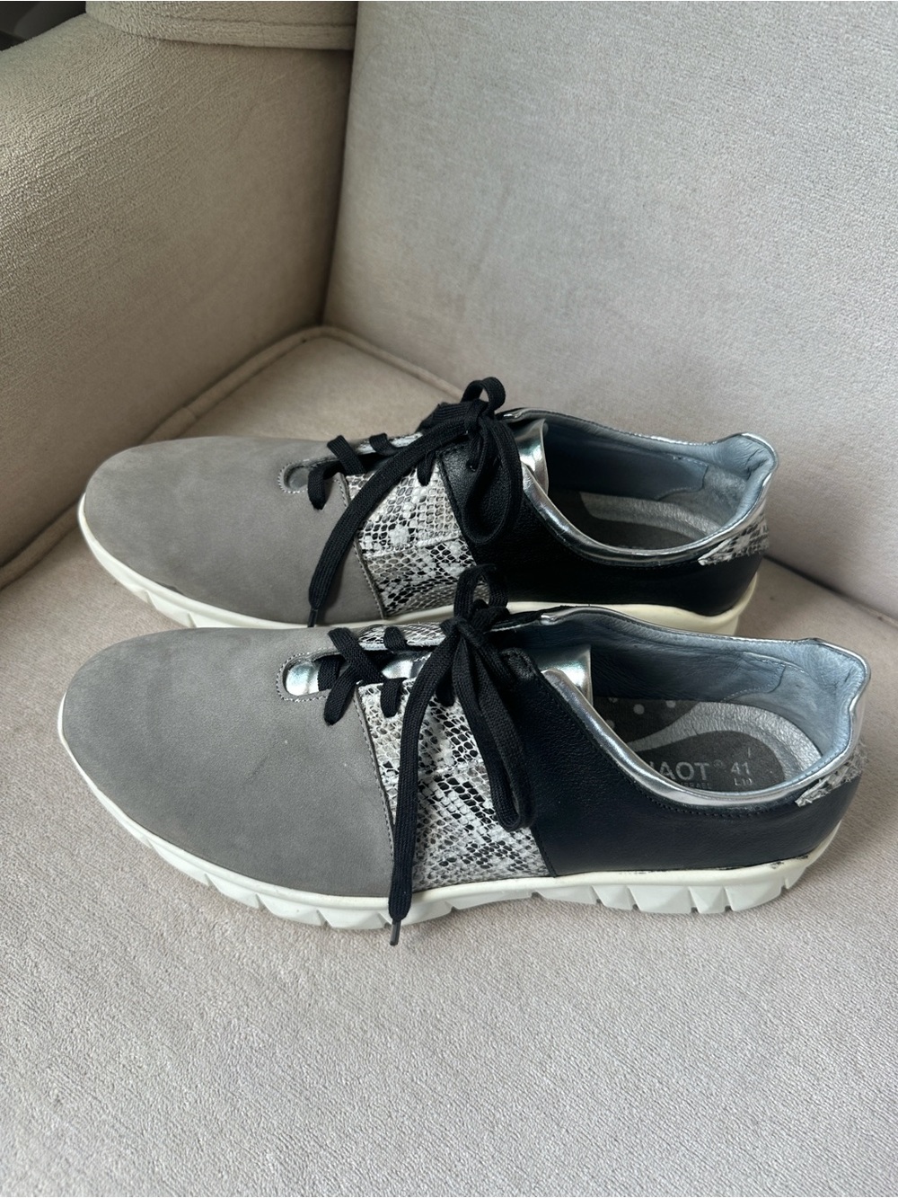 Naot Mixed-Material Gray, Black & Snake-Print Lace-Up Sneakers